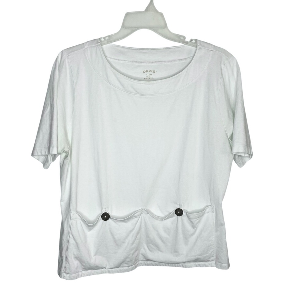Orvis Womens XL White Gardening Top Scoop Neck Button Pocket Utility Tee Cotton
